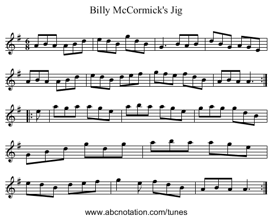 Billy McCormick's Jig - staff notation