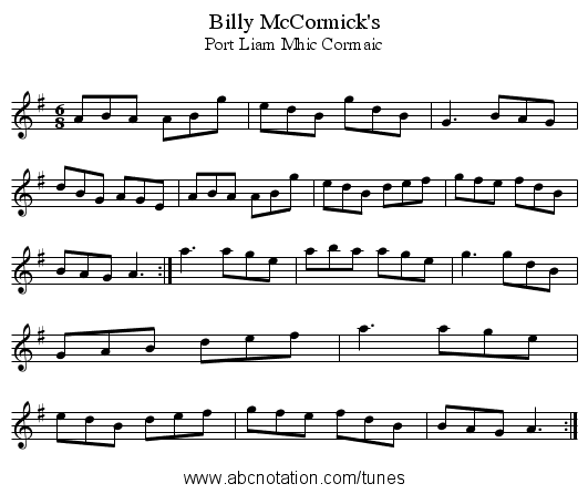 Billy McCormick's - staff notation