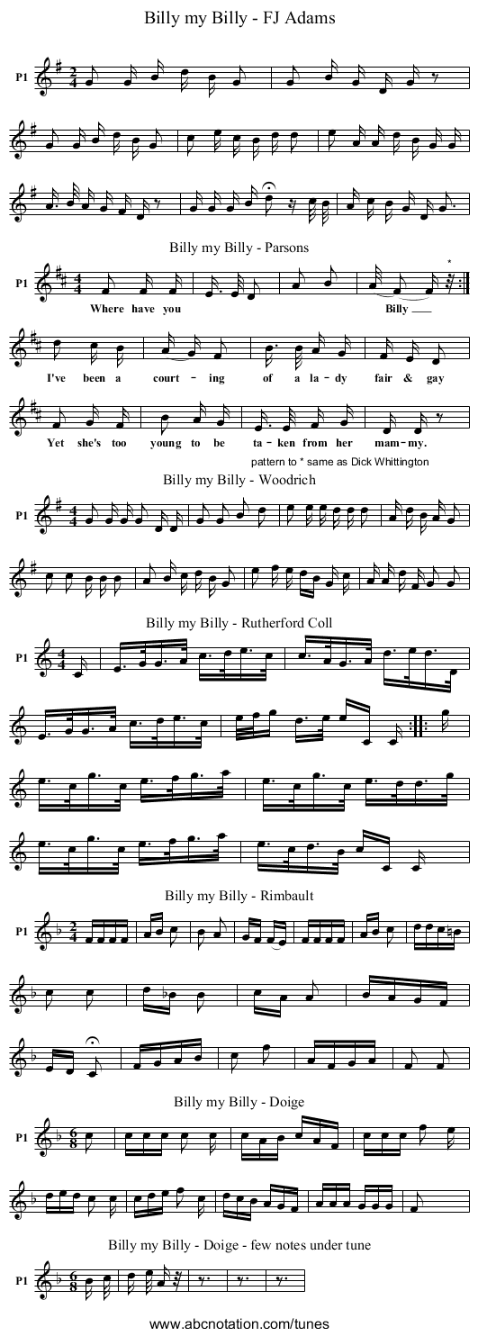 Billy my Billy - FJ Adams - staff notation
