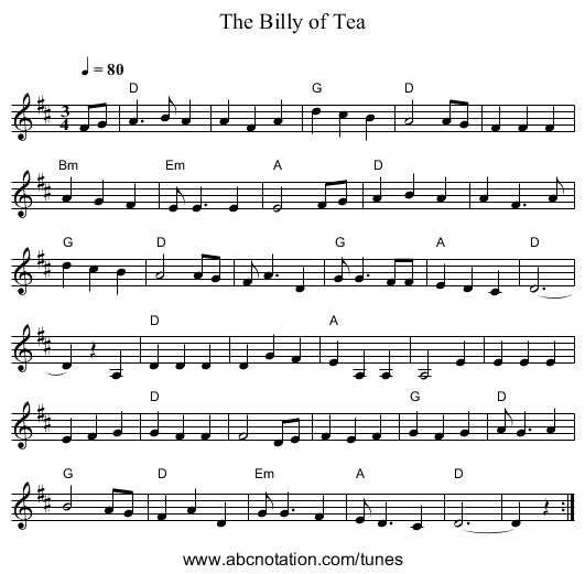 Billy of Tea, The - staff notation