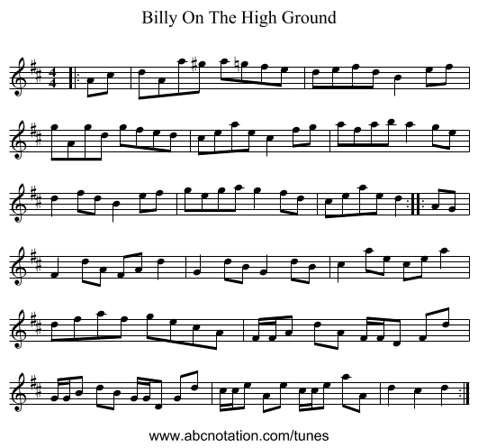 Billy On The High Ground - staff notation