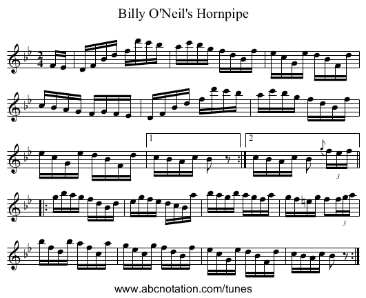 Billy O'Neil's Hornpipe - staff notation