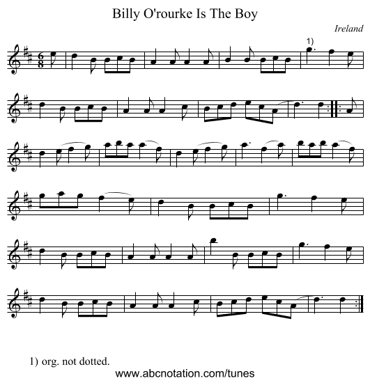 Billy O'rourke Is The Boy - staff notation