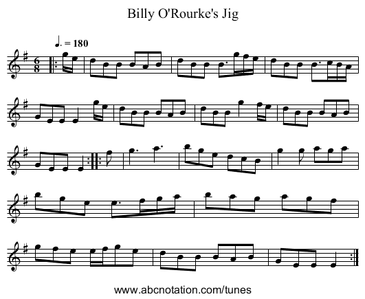 Billy O'Rourke's Jig - staff notation