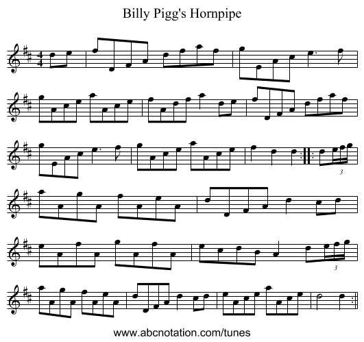 Billy Pigg's Hornpipe - staff notation