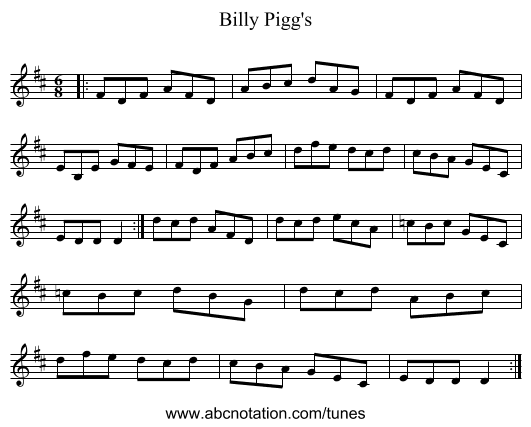 Billy Pigg's - staff notation