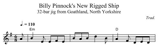 Billy Pinnock's New Rigged Ship - staff notation