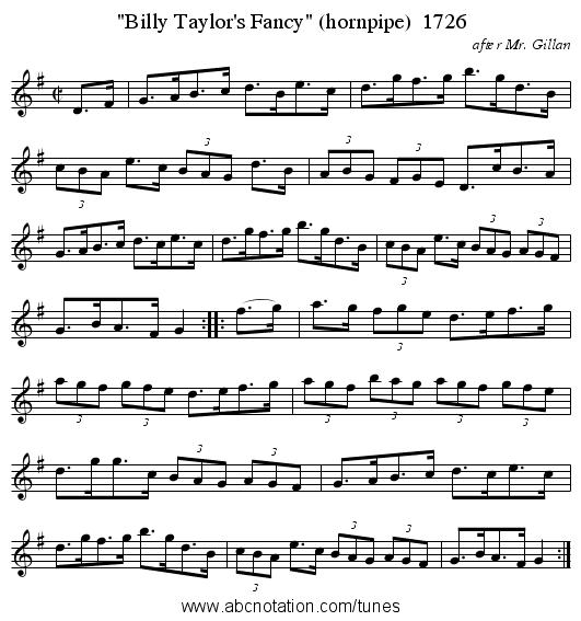 Billy Taylor's Fancy (hornpipe)  1726 - staff notation