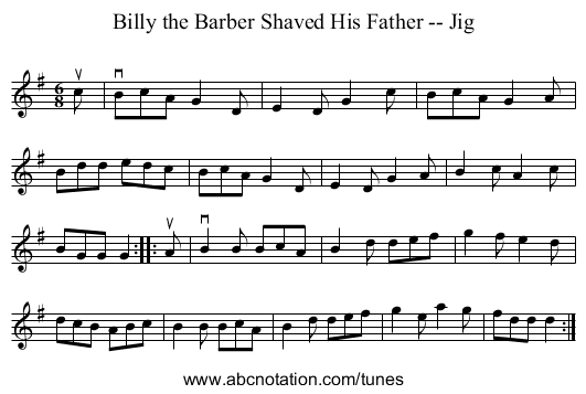 Billy the Barber Shaved His Father -- Jig - staff notation