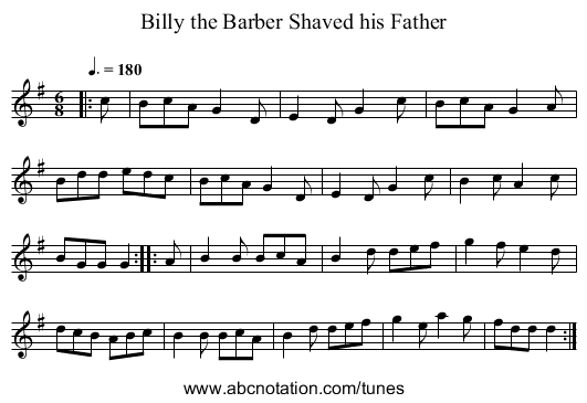 Billy the Barber Shaved his Father - staff notation