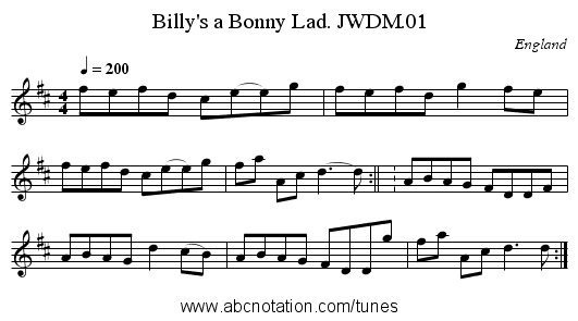 Billy's a Bonny Lad. JWDM.01 - staff notation
