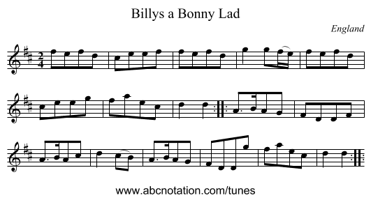 Billys a Bonny Lad - staff notation