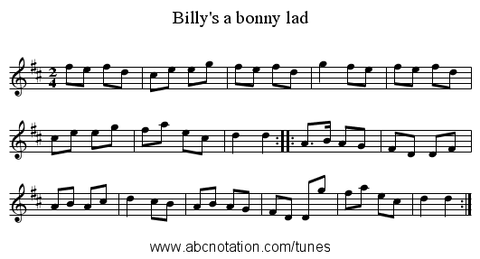 Billy's a bonny lad - staff notation