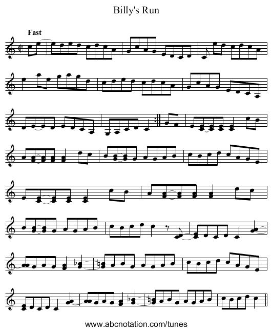 Billy's Run - staff notation