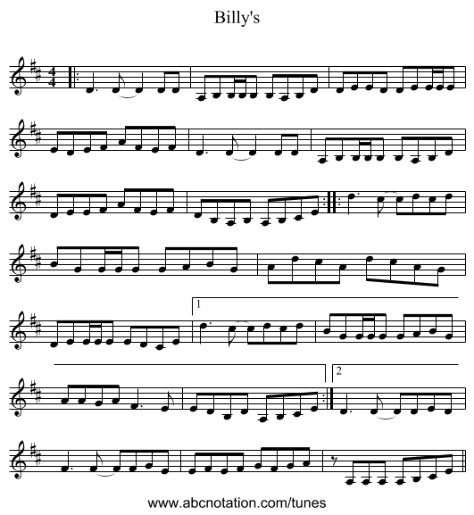 Billy's - staff notation
