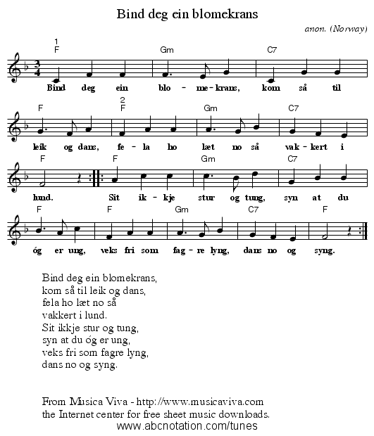 Bind deg ein blomekrans - staff notation