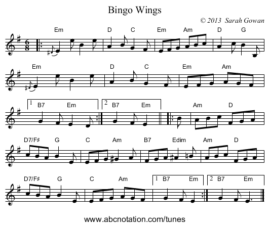 Bingo Wings - staff notation