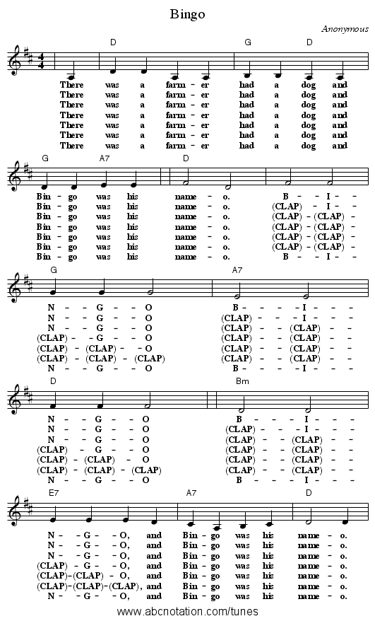 Bingo - staff notation