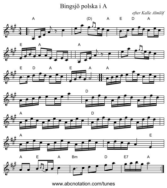 Bingsj&ouml; polska i A - staff notation