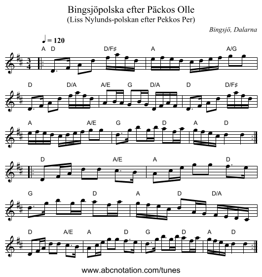 Bingsjöpolska efter Päckos Olle - staff notation