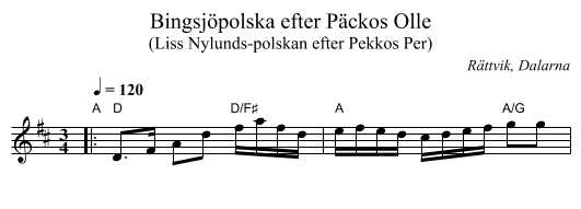 Bingsjöpolska efter Päckos Olle - staff notation