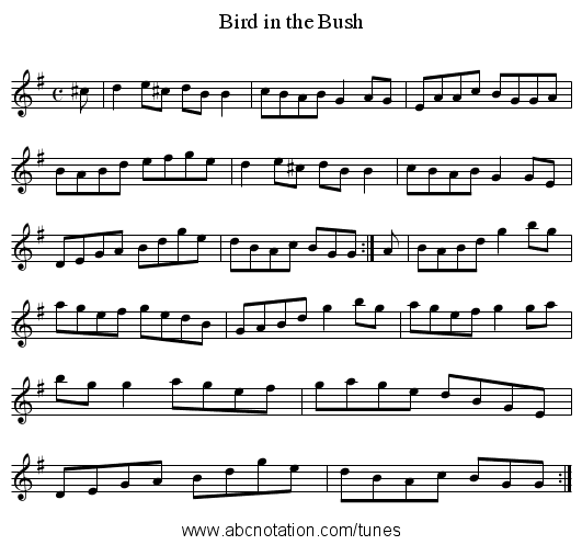 Bird in the Bush - staff notation