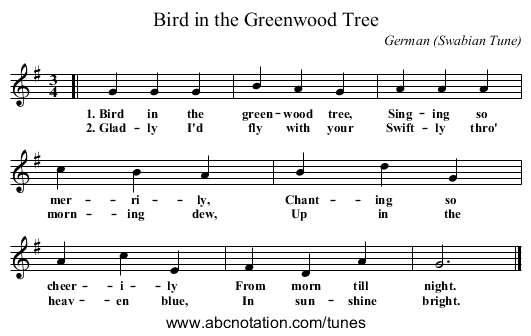 Bird in the Greenwood Tree - staff notation