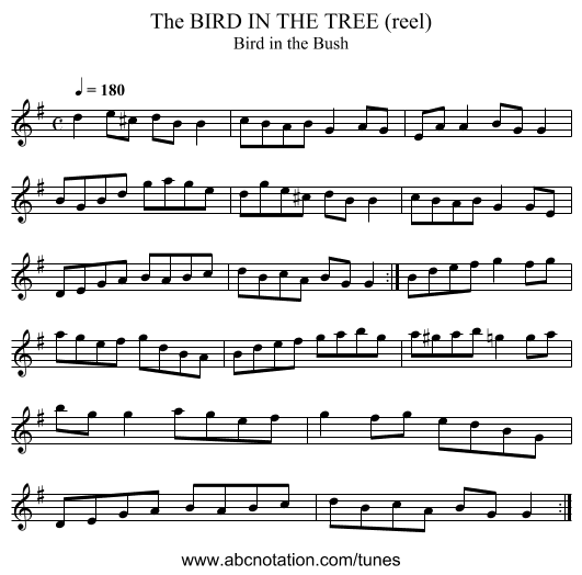 BIRD IN THE TREE (reel), The - staff notation