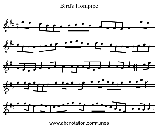 Bird's Hornpipe - staff notation