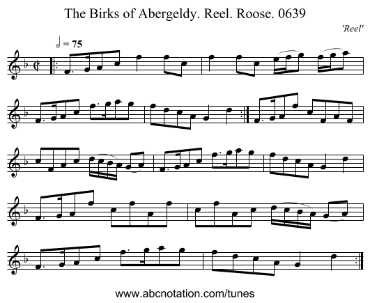 Birks of Abergeldy. Reel. Roose. 0639, The - staff notation