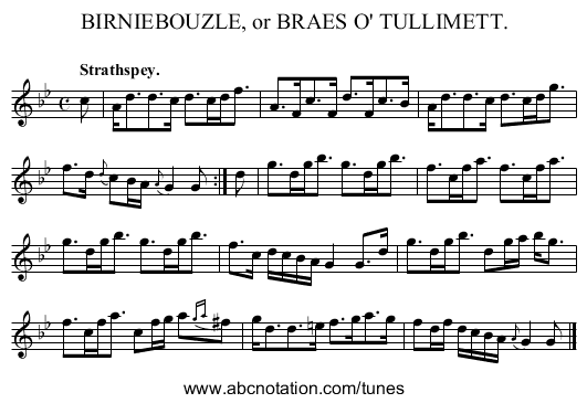 BIRNIEBOUZLE, or BRAES O' TULLIMETT. - staff notation
