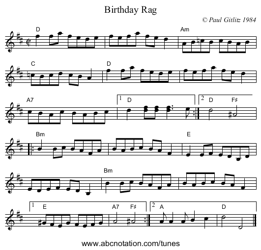 Birthday Rag - staff notation