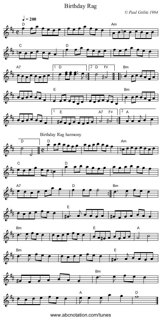 Birthday Rag - staff notation