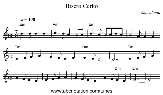 Bisero Cerko - staff notation