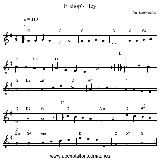 Bishop's Hey - staff notation