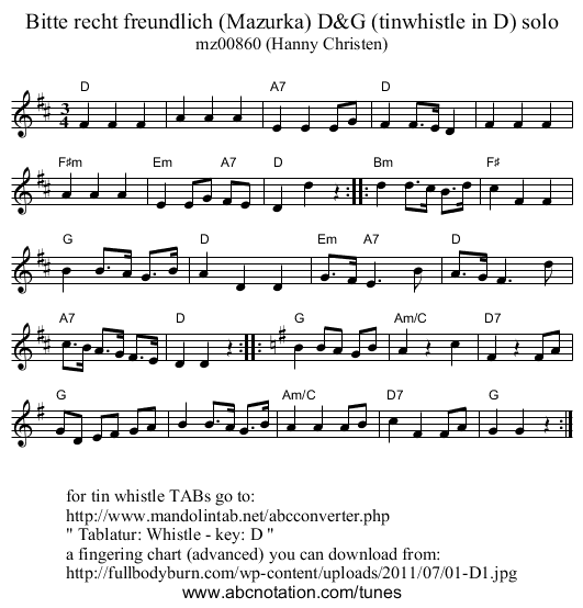 Bitte recht freundlich (Mazurka) D&G (tinwhistle in D) solo - staff notation