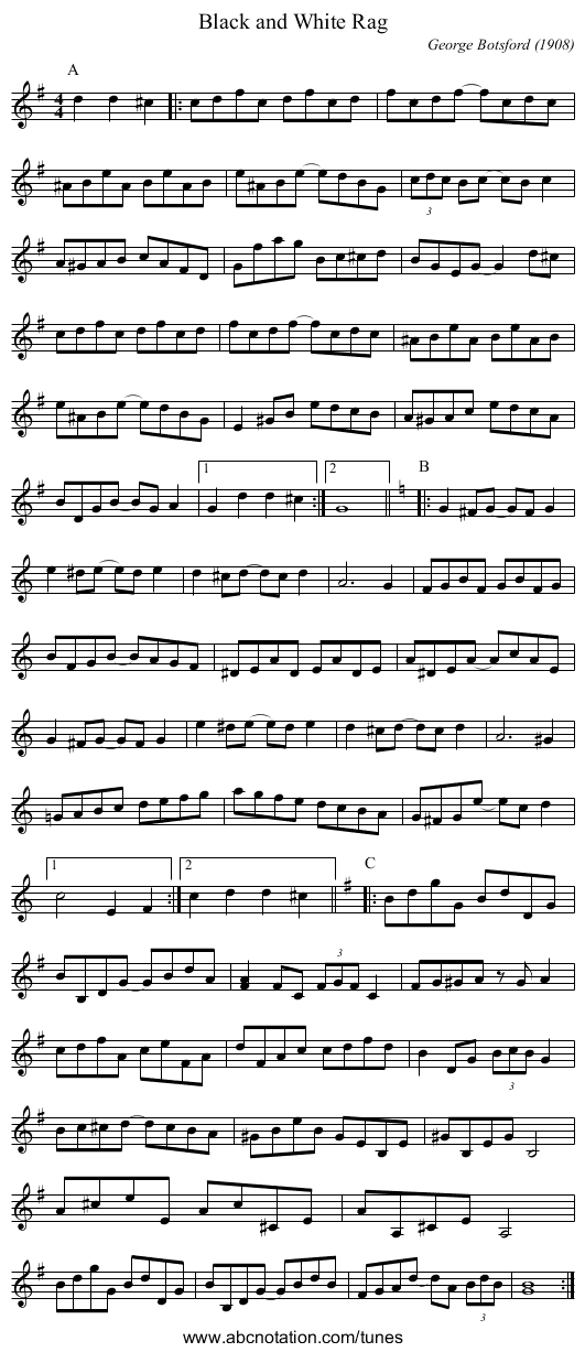 Black and White Rag - staff notation