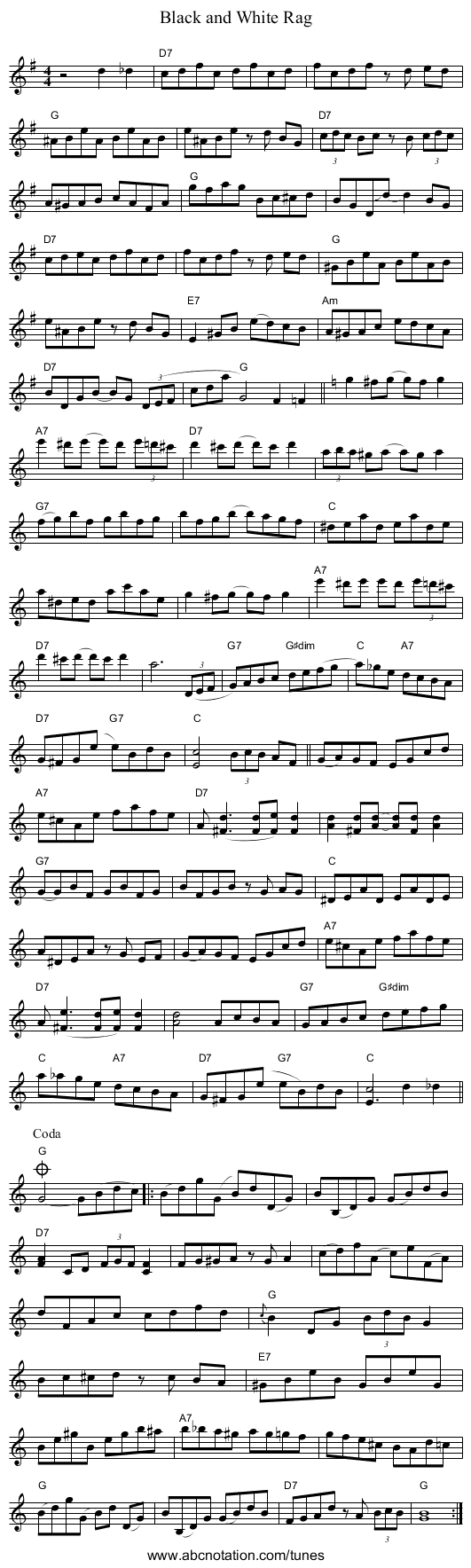 Black and White Rag - staff notation