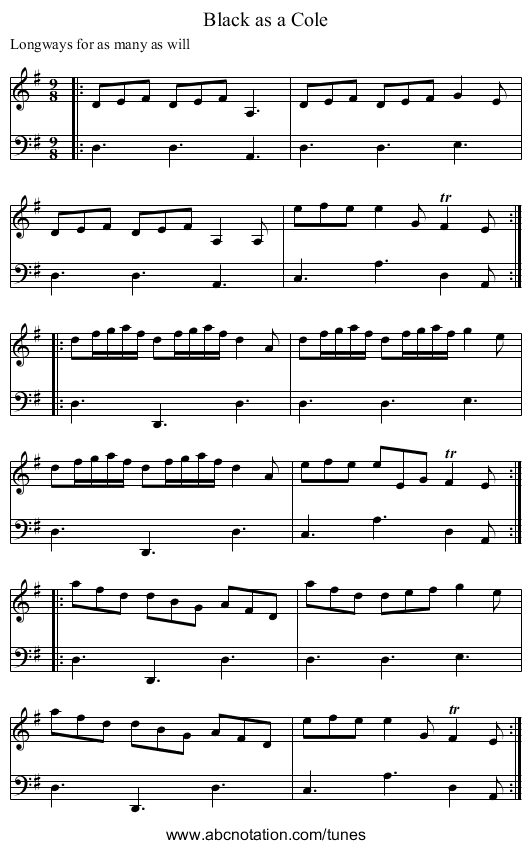 Black as a Cole - staff notation