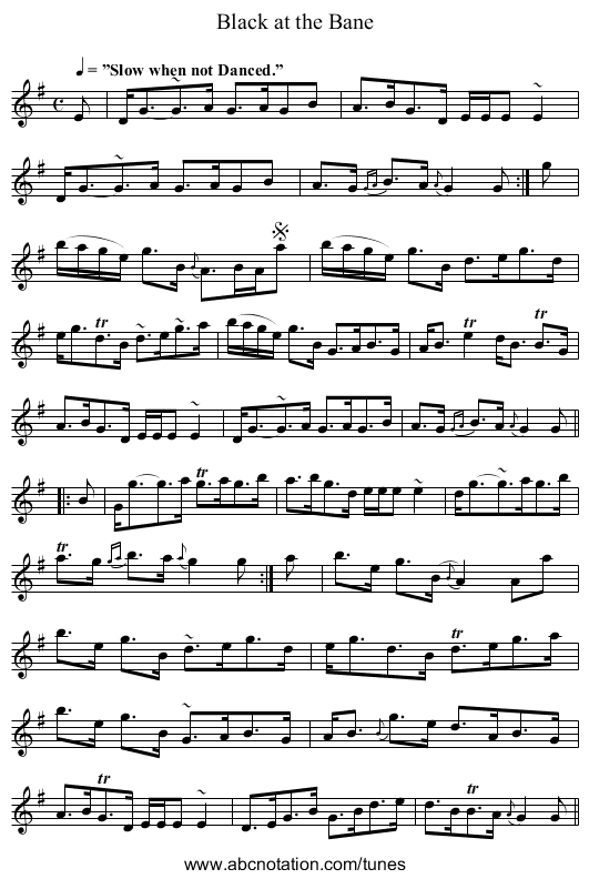 Black at the Bane - staff notation