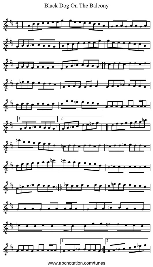 Black Dog On The Balcony - staff notation
