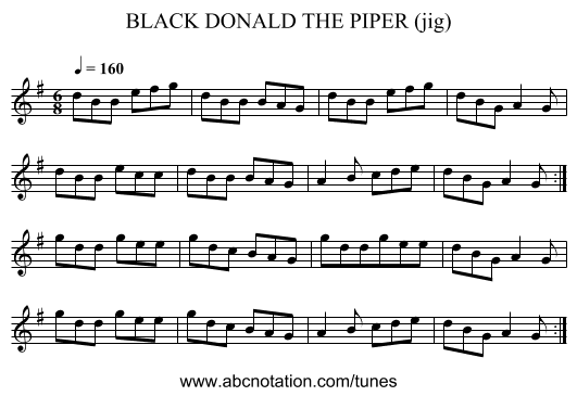 BLACK DONALD THE PIPER (jig) - staff notation