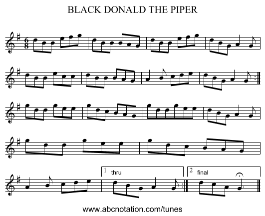 BLACK DONALD THE PIPER - staff notation