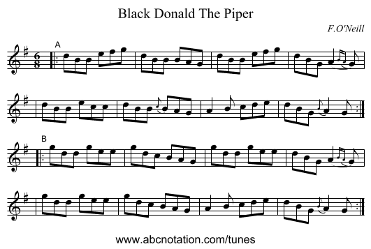 Black Donald The Piper - staff notation