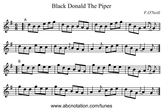 Black Donald The Piper - staff notation