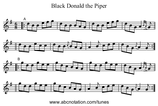 Black Donald the Piper - staff notation