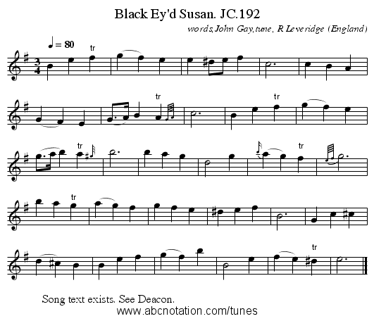 Black Ey'd Susan. JC.192 - staff notation