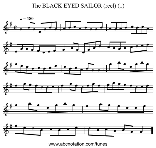BLACK EYED SAILOR (reel) (1), The - staff notation