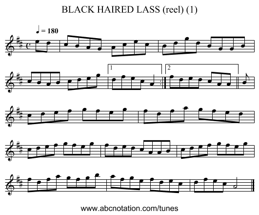 BLACK HAIRED LASS (reel) (1) - staff notation