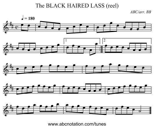 BLACK HAIRED LASS (reel), The - staff notation